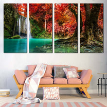 Load image into Gallery viewer, Waterfall Forest Canvas Wall Art Green Erawan Waterfall National Park Multiple Canvas Red Autumn Trees Forest Scenery  4 Piece Canvas Print In Living Room
