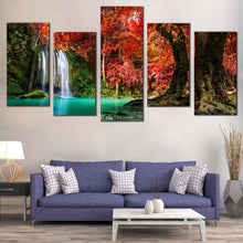 Load image into Gallery viewer, Waterfall Forest Canvas Wall Art Green Erawan Waterfall National Park Multiple Canvas Red Autumn Trees Forest Scenery  5 Piece Canvas Print
