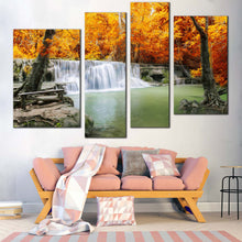 Load image into Gallery viewer, Waterfall Lake Canvas Wall Art Thailand Green Waterfall River Canvas Print Orange Forest Waterfall 4 Piece Multi Canvas 
