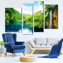 Load image into Gallery viewer, Waterfall River Canvas Wall Art Green Croatia Forest Waterfall  4 Piece Canvas Print Blue Deep Sea Multi Canvas 
