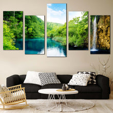 Load image into Gallery viewer, Waterfall River Canvas Wall Art Green Croatia Forest Waterfall  5 Piece Canvas Print Blue Deep Sea Multi Canvas In Living Room
