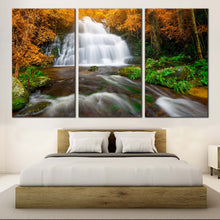 Load image into Gallery viewer, Waterfall Scenery Canvas Wall Art Green Orange Autumn Forest  3 Piece Canvas Print From Bedroom
