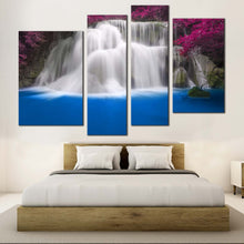 Load image into Gallery viewer, Waterfall Scenery Canvas Wall Art Huay Mae Khamin White Waterfall  4 Piece Canvas Print Kanchanaburi Thailand Purple Trees Waterfall Art
