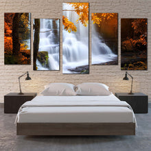 Load image into Gallery viewer, Waterfall Scenery Canvas Wall Art Rain Orange Forest Waterfall  5 Piece Canvas Set Mun Daeng National Park Canvas Print
