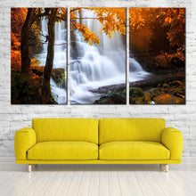 Load image into Gallery viewer, Waterfall Scenery Canvas Wall Art Rain Orange Forest Waterfall  3 Piece Canvas Set Mun Daeng National Park Canvas Print For Living Room
