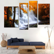 Load image into Gallery viewer, Waterfall Scenery Canvas Wall Art Rain Orange Forest Waterfall  4 Piece Canvas Set Mun Daeng National Park Canvas Print White Thailand Waterfall Art
