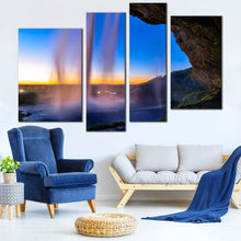 Load image into Gallery viewer, Waterfall Scenery Canvas Wall Art Seljalandsfoss Waterfall Yellow Sunset  4 Piece Canvas Blue Sky Iceland Waterfall Canvas Print
