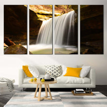 Load image into Gallery viewer, Waterfall Scenery Canvas Wall Art White Calming Waterfall Multi Panel Canvas Yellow Rocks Waterfall River  4 Piece Canvas Print In Living room
