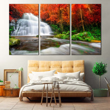 Load image into Gallery viewer, Waterfall Streaming Canvas  Wall Art Orange Autumn Trees Rocks River 3 Piece Canvas Waterfall Green Forest Triptych Canvas Print For Bedroom
