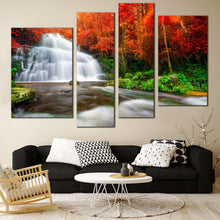Load image into Gallery viewer, Waterfall Streaming Canvas Wall Art Orange Autumn Trees Rocks River  4 Piece Canvas Waterfall Green Forest Canvas Print 
