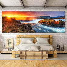 Load image into Gallery viewer, Waterfall  Sunshine  Canvas  Wall  Art  White  North  Iceland  Milky  Way  Bedroom  Panorama  Canvas  Yellow  Hodafoss  Waterfall  Canvas  Print For Bedroom
