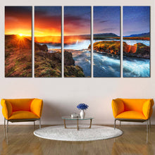 Load image into Gallery viewer, Waterfall Sunshine Canvas Wall Art White North Iceland Milky Way  5 Piece Canvas Yellow Hodafoss Waterfall Canvas Print In Living Room
