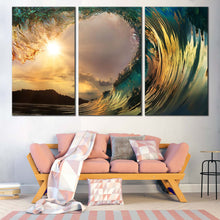 Load image into Gallery viewer, Wave Break Canvas Wall Art Yellow Sunset Beach Wave 3 Piece Multi Canvas Green Ocean Waves Canvas Print For Living Room
