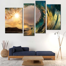 Load image into Gallery viewer, Wave Break Canvas Wall Art Yellow Sunset Beach Wave 4 Piece Multi Canvas Green Ocean Waves Canvas Print 
