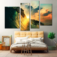 Load image into Gallery viewer, Wave Falling Canvas Wall Art Wave at Yellow Sunset  4 Piece Canvas Green Ocean Waves Canvas Print 
