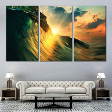 Load image into Gallery viewer, Wave Falling Canvas Wall Art Wave at Yellow Sunset  3 Piece Canvas Green Ocean Waves Canvas Print In Living Room
