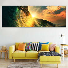 Load image into Gallery viewer, Wave  Falling  Canvas  Wall  Art  Wave  at  Yellow  Sunset  Panorama  Canvas  Green  Ocean  Waves  Wide  Canvas  Print In Living Room
