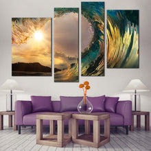 Load image into Gallery viewer, Wave Sunset Canvas Print Green Ocean Waves Break Canvas Set Cloudy Yellow Sunset Beach Wave  4 Piece Canvas Wall Art 
