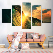 Load image into Gallery viewer, Wave  Sunset  Canvas  Print  Green  Ocean  Waves  Falling  Multi  Canvas  Artwork  Cloudy  Yellow  Sunset  Sky 5  Piece  Canvas  Wall  Art In Living room
