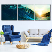 Load image into Gallery viewer, Waves  Sunset  Canvas  Wall  Art  Blue  Surfing  Waves  Canvas  Print  Beautiful  Yellow  Sunset  Ocean  Waves  Living  Room  3  Piece  Canvas In Living Room
