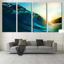 Load image into Gallery viewer, Waves Sunset Canvas Wall Art Blue Surfing Waves Canvas Print Beautiful Yellow Sunset Ocean Waves  4 Piece Canvas In Living room
