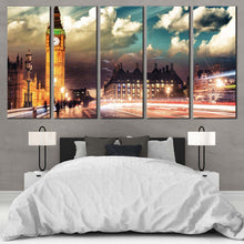 Load image into Gallery viewer, Westminster City Canvas Wall Art Gold Big Ben Light Trail  5 Piece Canvas London Green Sky Clock Tower Canvas Print For Your Bedroom
