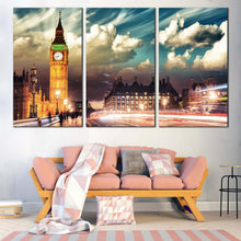 Load image into Gallery viewer, Westminster City Canvas Wall Art Gold Big Ben Light Trail  3 Piece Canvas London Green Sky Clock Tower Canvas Print In Living Room
