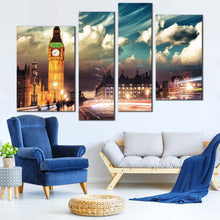 Load image into Gallery viewer, Westminster City Canvas Wall Art Gold Big Ben Light Trail  4 Piece Canvas London Green Sky Clock Tower Canvas Print 
