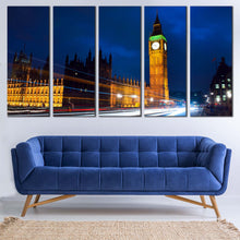 Load image into Gallery viewer, Westminster City Canvas Wall Art Gold Big Ben Light Trail  5 Piece Canvas Print London Blue Sky Clock Tower Multi Panel Canvas In Living Room
