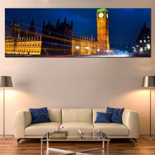 Load image into Gallery viewer, Westminster  City  Canvas  Wall  Art  Gold  Big  Ben  Light  Trail  Living  Room  Living  Room  1  Piece  Canvas  Print  London  Blue  Sky  Clock  Tower  Canvas  Artwork In Living Room
