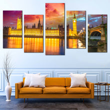 Load image into Gallery viewer, Westminster London Bridge Dramatic Sunset 5 panel canvas print In Living Room
