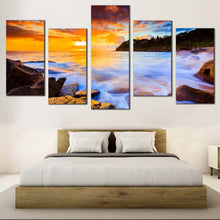 Load image into Gallery viewer, Whale Beach Canvas Wall Art Sydney Blue Seascape Canvas Yellow Australia Beach Sunset  5 Piece Canvas Print Ocean Rocks Canvas Artwork For Your Bedroom
