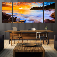 Load image into Gallery viewer, Whale Beach Canvas Wall Art Sydney Blue Seascape Canvas Yellow Australia Beach Sunset 3 Piece Canvas Print Ocean Rocks Canvas Artwork For Dining Room
