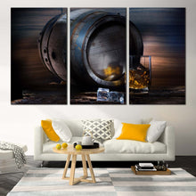 Load image into Gallery viewer, Whisky Barrel Canvas Wall Art Brown Drink Barrel Ice Cubes  3 Piece Canvas Set Yellow Glass of Whisky Canvas Print For Living room
