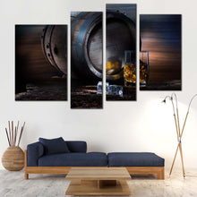 Load image into Gallery viewer, Whisky Barrel Canvas Wall Art Brown Drink Barrel Ice Cubes Living Room 4 Piece Canvas Set Yellow Glass of Whisky Canvas Print
