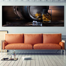 Load image into Gallery viewer, Whisky  Drink  Canvas  Print  Yellow  Whisky  Glass  With  Ice  Canvas  Artwork  Brown  Whisky  Barrel  Living  Room  1  Piece  Canvas  Wall  Art In Living Room
