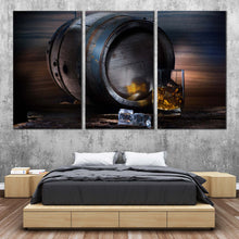 Load image into Gallery viewer, Whisky Drink Canvas Print Yellow Whisky Glass With Ice Multi Canvas Artwork Brown Whisky Barrel  3 Piece Canvas Wall Art For Bedroom
