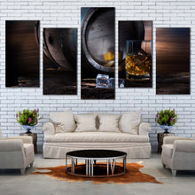 Load image into Gallery viewer, Whisky Drink Canvas Print Yellow Whisky Glass With Ice Multi Canvas Artwork Brown Whisky Barrel  5 Piece Canvas Wall Art 
