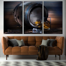 Load image into Gallery viewer, Whisky Glass Canvas Wall Art Brown Whisky Barrel Canvas Art Yellow Whisky On The Rocks  3 Piece Canvas Print For Living Room
