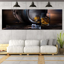 Load image into Gallery viewer, Whisky  Glass  Canvas  Wall  Art  Brown  Whisky  Barrel  Canvas  Artwork  Yellow  Whisky  On  The  Rocks  Living  Room  Panoramic  Canvas  Print For Living Room
