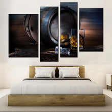 Load image into Gallery viewer, Whisky Glass Canvas Wall Art Brown Whisky Barrel Canvas Set Yellow Whisky On The Rocks Bedroom 4 Piece Canvas Print
