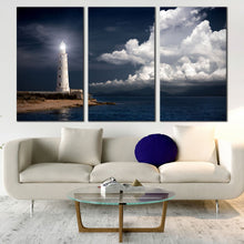 Load image into Gallery viewer, White Lighthouse at night clouds sky Triptych canvas home decor For Living Room
