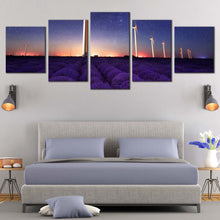 Load image into Gallery viewer, Wind  Farm  Canvas  Wall  Art  Purple  Lavender  Windmill  Multi  Canvas  Artwork  Blue  Night  Stars  Bedroom  5  Piece  Canvas  Print For Bedroom
