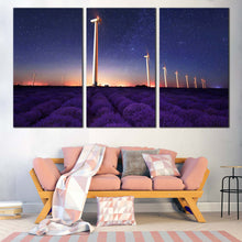 Load image into Gallery viewer, Wind  Farm  Canvas  Wall  Art  Purple  Lavender  Windmill  Multi  Canvas  Artwork  Blue  Night  Stars  Living  Room  3  Piece  Canvas  Print In Living Room
