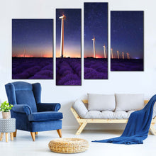 Load image into Gallery viewer, Wind Farm Canvas Wall Art Purple Lavender Windmill Multi Canvas Artwork Blue Night Stars  4 Piece Canvas Print
