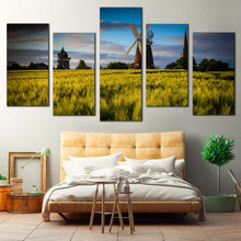 Load image into Gallery viewer, Windmill Nature Canvas Wall Art Old Windmill Green Trees Scenery  5 Piece Canvas Print Cloudy Blue Sky English Windmill Multiple Canvas
