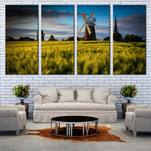 Load image into Gallery viewer, Windmill Nature Canvas Wall Art Old Windmill Green Trees Scenery  4 Piece Canvas Print Cloudy Blue Sky English Windmill Multiple Canvas For Living Room
