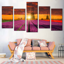 Load image into Gallery viewer, Windmill Scenery Canvas Print Cloudy Orange Sky Windmill Multiple Canvas Green Holland Landscape  5 Piece Canvas Wall Art Purple Red Tulip Fields Art
