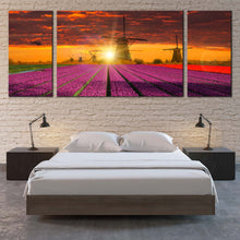 Load image into Gallery viewer, Windmill Scenery Canvas Print Cloudy Orange Sky Windmill Triptych Multiple Canvas Green Holland Landscape  3 Piece Canvas Wall Art For Bedroom
