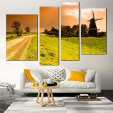 Load image into Gallery viewer, Windmill Scenery Canvas Print Orange Sunset Windmill  4 Piece Canvas Wall Art Beautiful Green Netherlands Windmill Multi Canvas In Living Room
